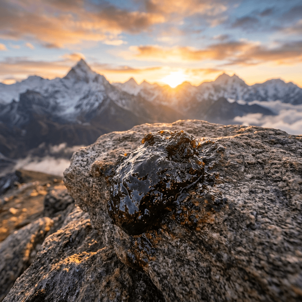 Dark sticky resin on rocky surface with snowy mountain peaks and sunrise in background