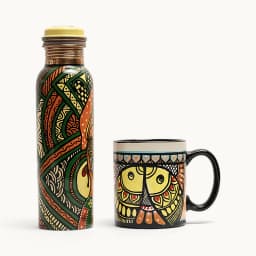 Hand-painted Mithila art bottle and mug set by Dhuku: A Handmade Collective — a Kathmandu souvenir on Avendi